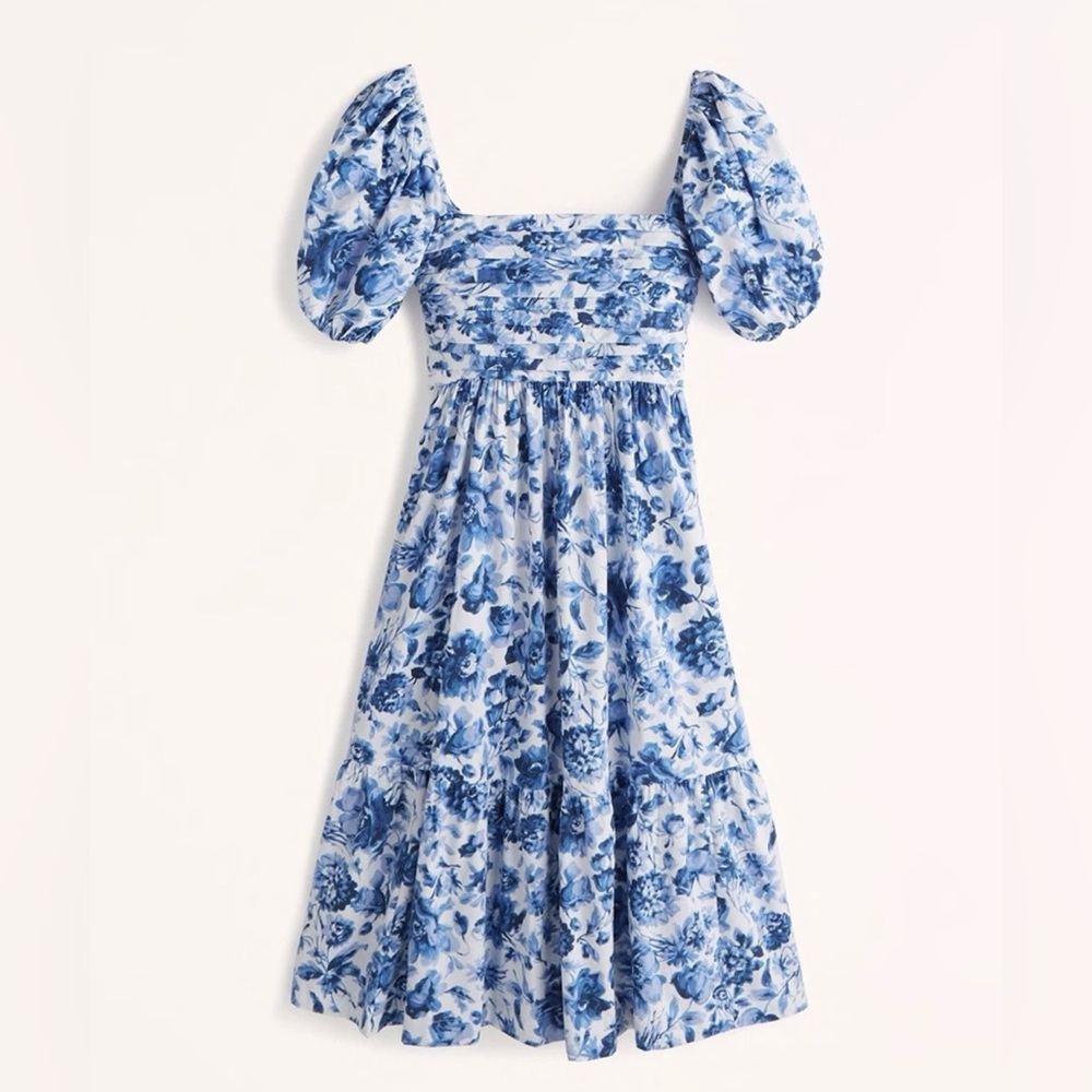 Abercrombie & Fitch Ruched puff-sleeve Midi dress Blue Size Small